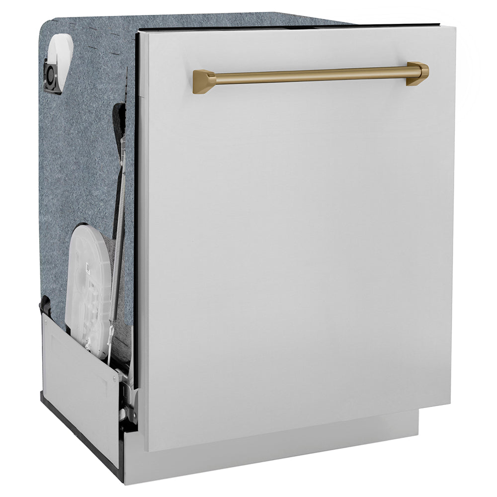 ZLINE Autograph Edition 24 in. Monument Series 3rd Rack Dishwasher with Auto Door Open Drying, 44dBa, Stainless Steel Panel with Champagne Bronze Handle (DWMTZ-304-24-CB)