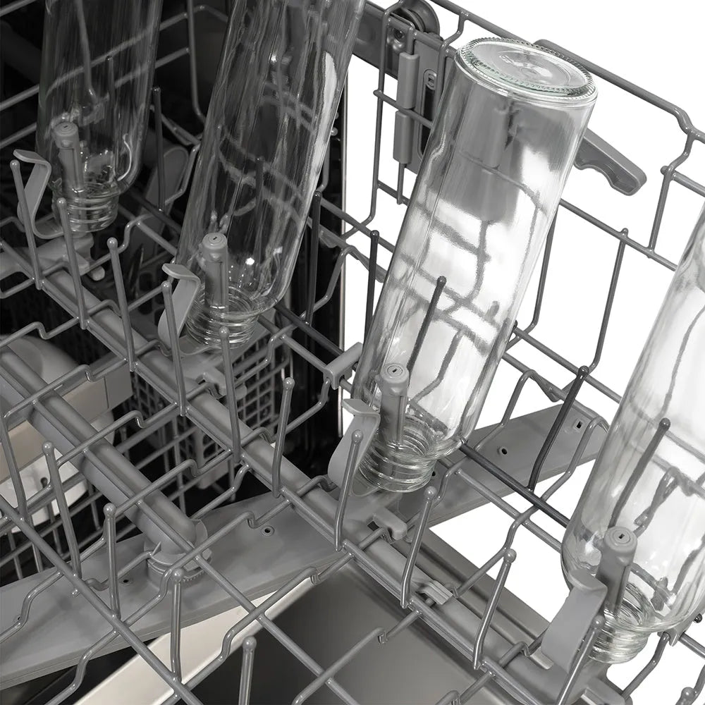 ZLINE Autograph Edition 24 in. Monument Series 3rd Rack Dishwasher with Auto Door Open Drying, 44dBa, Stainless Steel Panel with Polished Gold Handle (DWMTZ-304-24-G) rack with glass bottles on bottle jets.