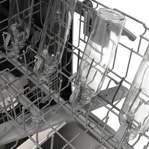 ZLINE Autograph Edition 24 in. Monument Series 3rd Rack Dishwasher with Auto Door Open Drying, 44dBa, Stainless Steel Panel with Polished Gold Handle (DWMTZ-304-24-G) rack with glass bottles on bottle jets.
