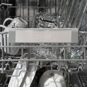 ZLINE Autograph Edition 24 in. Monument Series 3rd Rack Dishwasher with Auto Door Open Drying, 44dBa, Stainless Steel Panel with Polished Gold Handle (DWMTZ-304-24-G) logo on dish rack.