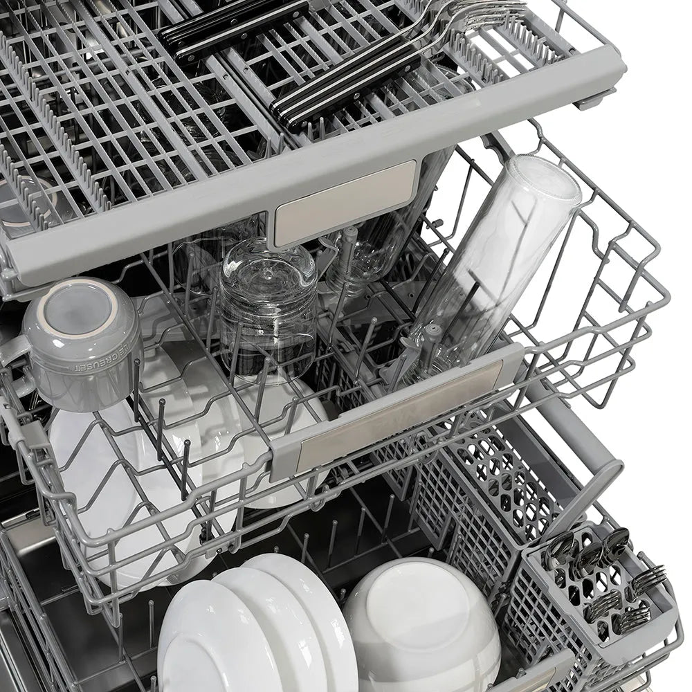Open ZLINE Autograph Edition 24 in. Monument Series 3rd Rack Dishwasher with Auto Door Open Drying, 44dBa, Stainless Steel Panel with Polished Gold Handle (DWMTZ-304-24-G) with various dishes inside.