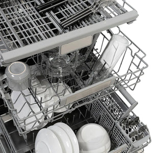 Open ZLINE Autograph Edition 24 in. Monument Series 3rd Rack Dishwasher with Auto Door Open Drying, 44dBa, Stainless Steel Panel with Polished Gold Handle (DWMTZ-304-24-G) with various dishes inside.