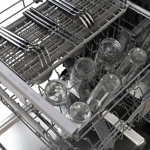 ZLINE Autograph Edition 24 in. Monument Series 3rd Rack Dishwasher with Auto Door Open Drying, 44dBa, Stainless Steel Panel with Polished Gold Handle (DWMTZ-304-24-G) with glass jars and utensils inside.