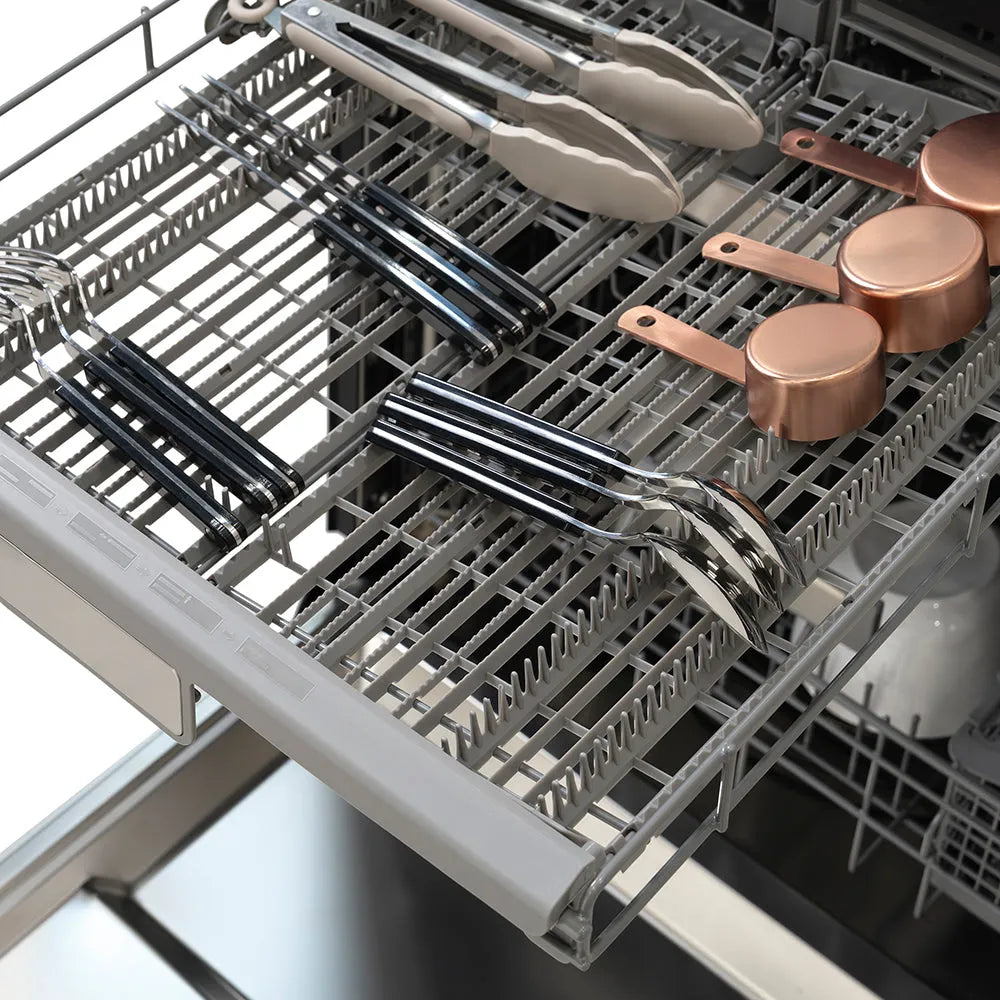 ZLINE Autograph Edition 24 in. Monument Series 3rd Rack Dishwasher with Auto Door Open Drying, 44dBa, Stainless Steel Panel with Polished Gold Handle (DWMTZ-304-24-G) with utensils and cookware on third rack.