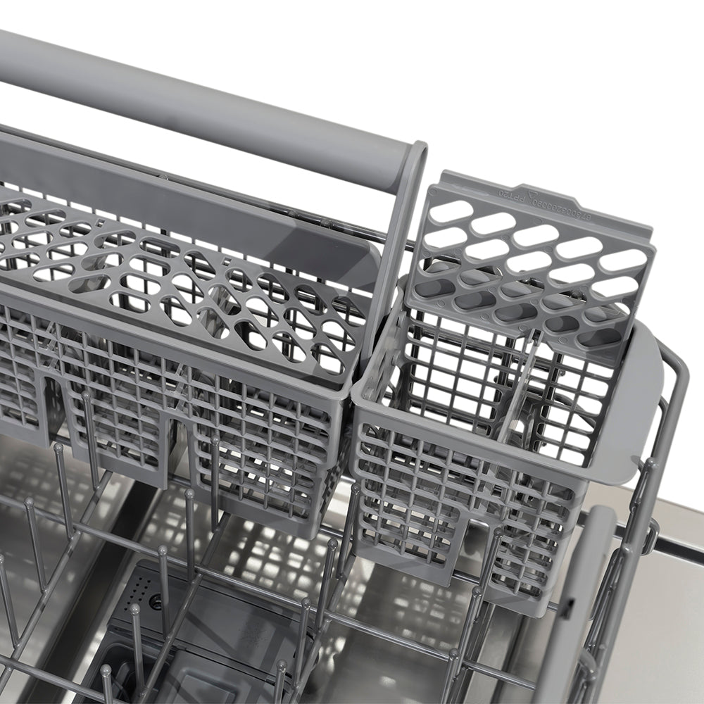 ZLINE Autograph Edition 24 in. Monument Series 3rd Rack Dishwasher with Auto Door Open Drying, 44dBa, Stainless Steel Panel with Polished Gold Handle (DWMTZ-304-24-G), utensil basket on bottom rack.