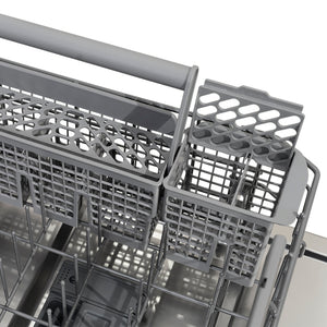 ZLINE Autograph Edition 24 in. Monument Series 3rd Rack Dishwasher with Auto Door Open Drying, 44dBa, Stainless Steel Panel with Polished Gold Handle (DWMTZ-304-24-G), utensil basket on bottom rack.