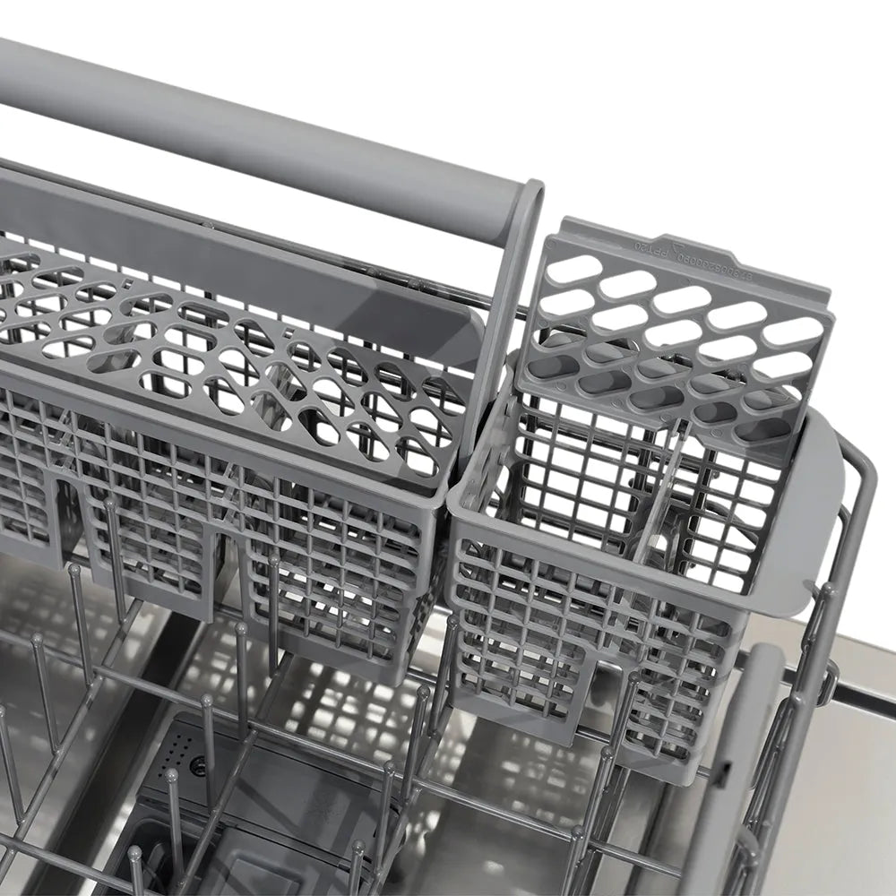 ZLINE Autograph Edition 24 in. Monument Series 3rd Rack Dishwasher with Auto Door Open Drying, 44dBa, Stainless Steel Panel with Polished Gold Handle (DWMTZ-304-24-G), utensil basket on bottom rack.