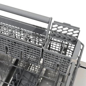 ZLINE Autograph Edition 24 in. Monument Series 3rd Rack Dishwasher with Auto Door Open Drying, 44dBa, Stainless Steel Panel with Polished Gold Handle (DWMTZ-304-24-G), utensil basket on bottom rack.
