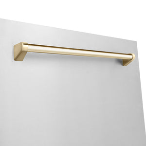 ZLINE Autograph Edition 24 in. Monument Series 3rd Rack Dishwasher with Auto Door Open Drying, 44dBa, Stainless Steel Panel with Polished Gold Handle (DWMTZ-304-24-G) close-up, handle location.