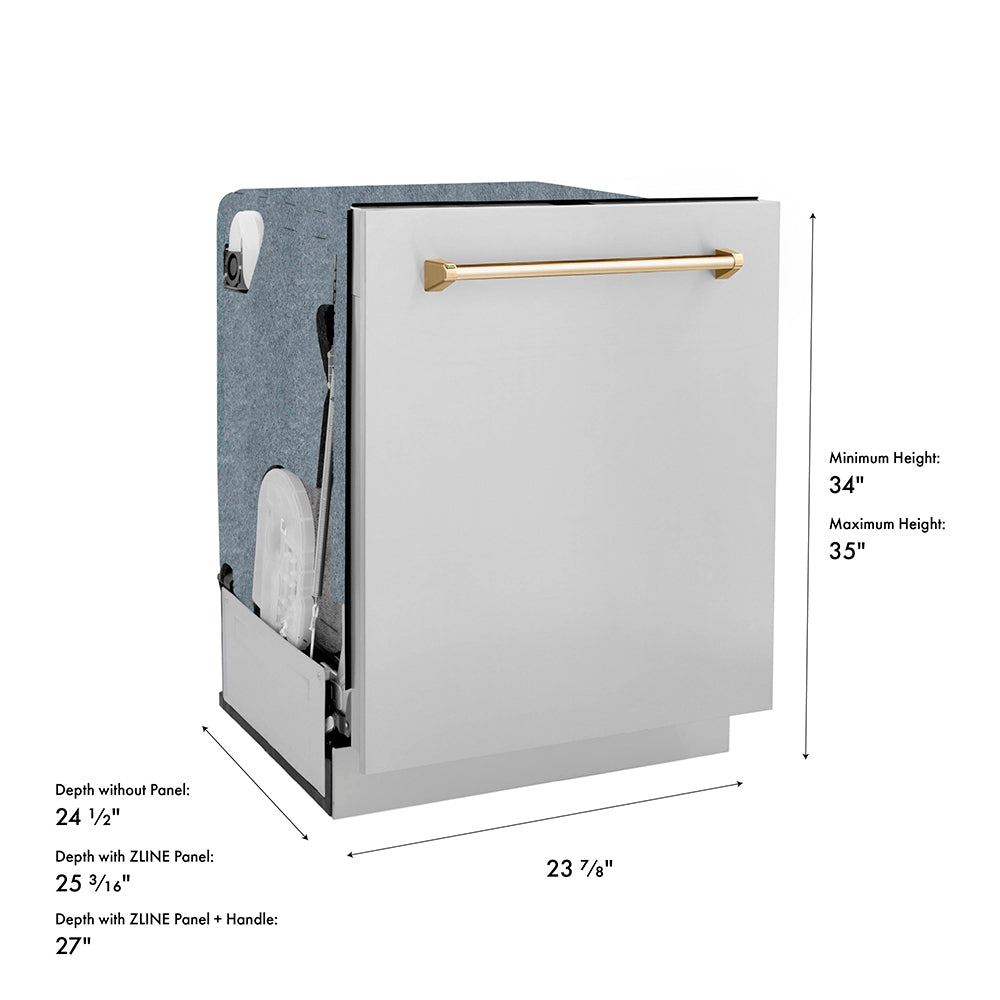 ZLINE Autograph Edition 24 in. Monument Series 3rd Rack Dishwasher with Auto Door Open Drying, 44dBa, Stainless Steel Panel with Polished Gold Handle (DWMTZ-304-24-G) with dimensions labeled.