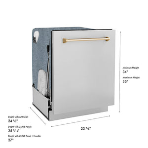 ZLINE Autograph Edition 24 in. Monument Series 3rd Rack Dishwasher with Auto Door Open Drying, 44dBa, Stainless Steel Panel with Polished Gold Handle (DWMTZ-304-24-G) with dimensions labeled.