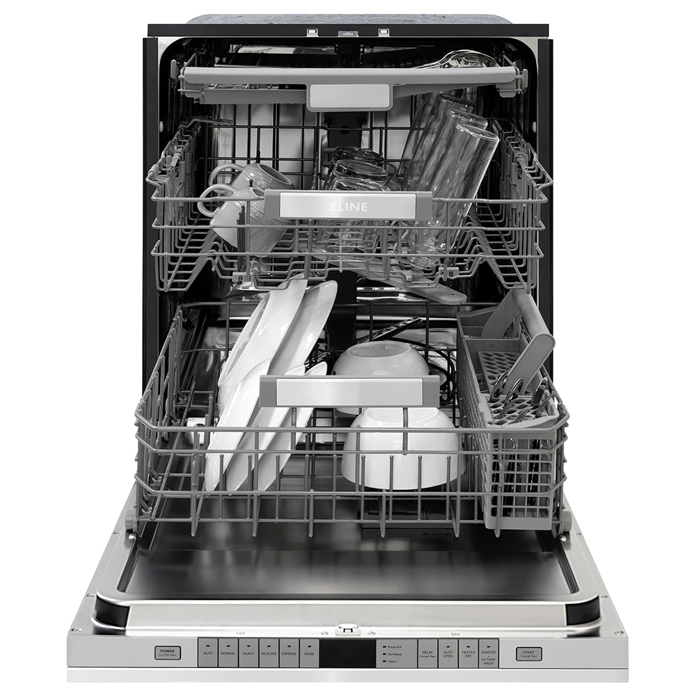 ZLINE Autograph Edition 24 in. Monument Series 3rd Rack Dishwasher with Auto Door Open Drying, 44dBa, Stainless Steel Panel with Polished Gold Handle (DWMTZ-304-24-G) front, open, with dishes.