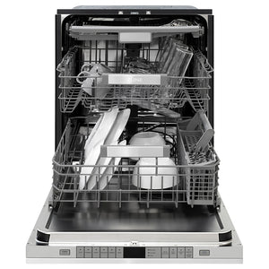 ZLINE Autograph Edition 24 in. Monument Series 3rd Rack Dishwasher with Auto Door Open Drying, 44dBa, Stainless Steel Panel with Polished Gold Handle (DWMTZ-304-24-G) front, open, with dishes.
