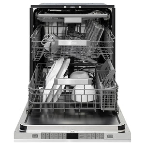 ZLINE Autograph Edition 24 in. Monument Series 3rd Rack Dishwasher with Auto Door Open Drying, 44dBa, Stainless Steel Panel with Polished Gold Handle (DWMTZ-304-24-G) front, open, with dishes.