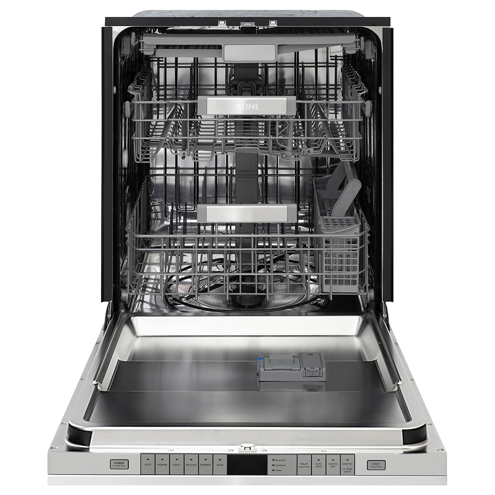 ZLINE Autograph Edition 24 in. Monument Series 3rd Rack Dishwasher with Auto Door Open Drying, 44dBa, Stainless Steel Panel with Polished Gold Handle (DWMTZ-304-24-G) front, open.