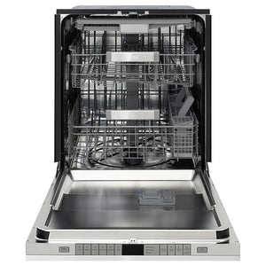 ZLINE Autograph Edition 24 in. Monument Series 3rd Rack Dishwasher with Auto Door Open Drying, 44dBa, Stainless Steel Panel with Polished Gold Handle (DWMTZ-304-24-G) front, open.