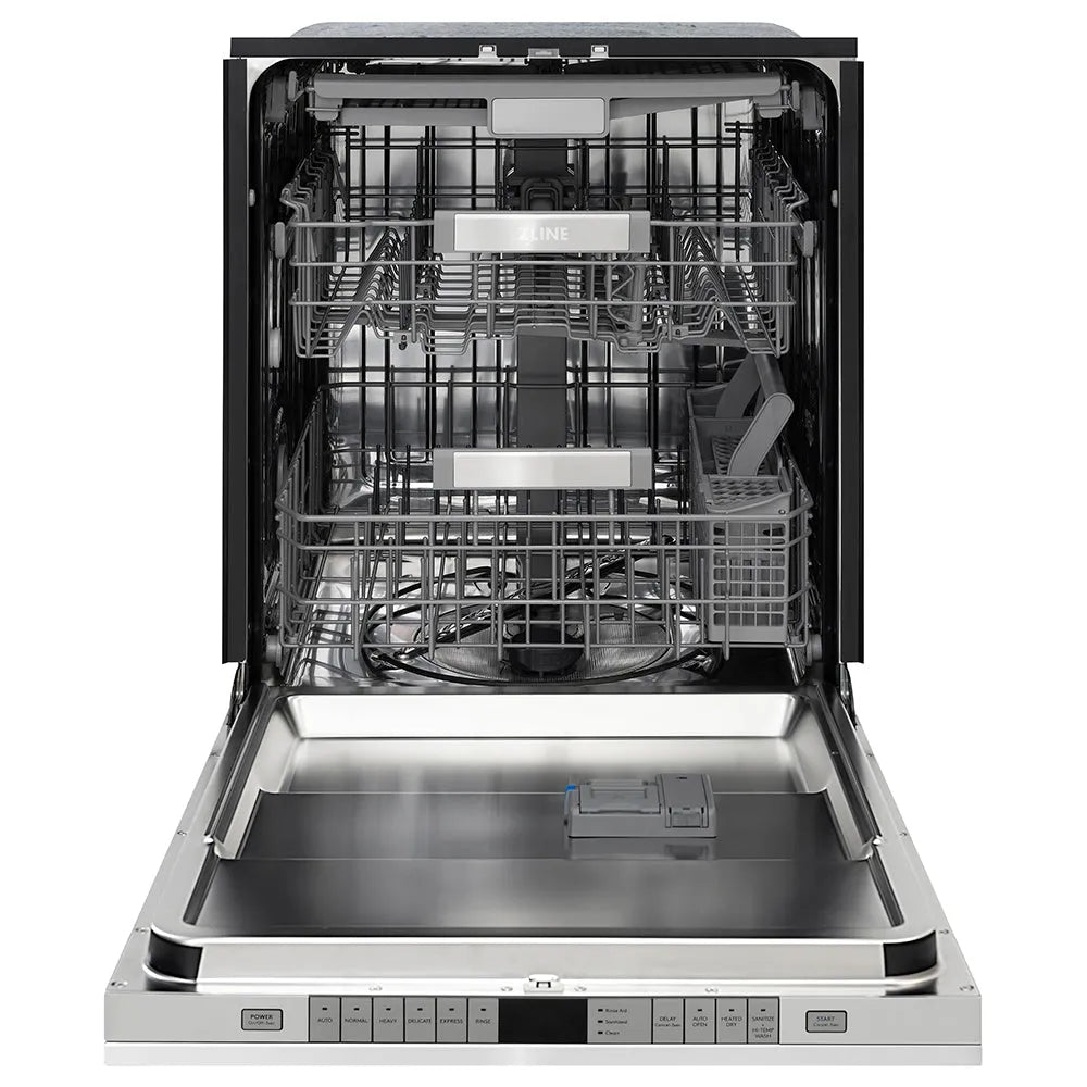 ZLINE Autograph Edition 24 in. Monument Series 3rd Rack Dishwasher with Auto Door Open Drying, 44dBa, Stainless Steel Panel with Polished Gold Handle (DWMTZ-304-24-G) front, open.