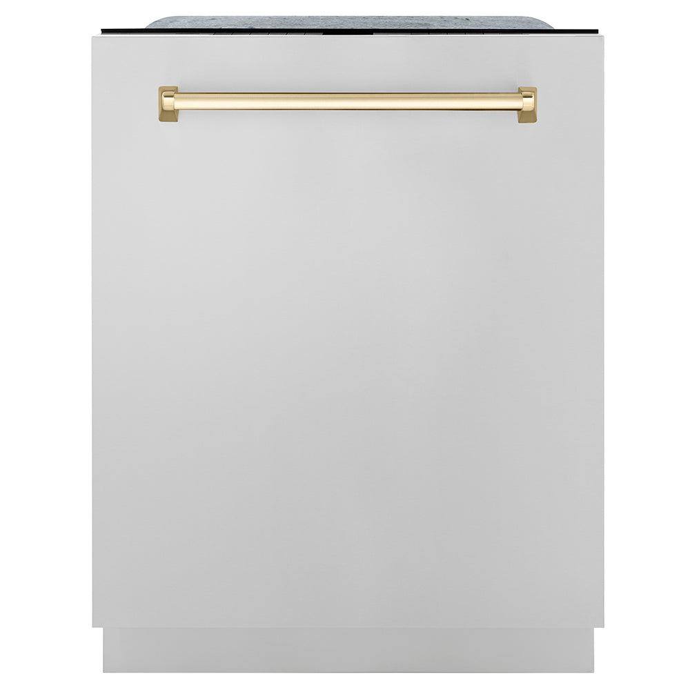 ZLINE Autograph Edition 24 in. Monument Series 3rd Rack Dishwasher with Auto Door Open Drying, 44dBa, Stainless Steel Panel with Polished Gold Handle (DWMTZ-304-24-G) main image.