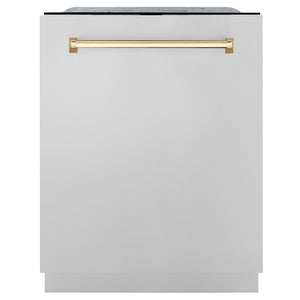 ZLINE Autograph Edition 24 in. Monument Series 3rd Rack Dishwasher with Auto Door Open Drying, 44dBa, Stainless Steel Panel with Polished Gold Handle (DWMTZ-304-24-G) main image.