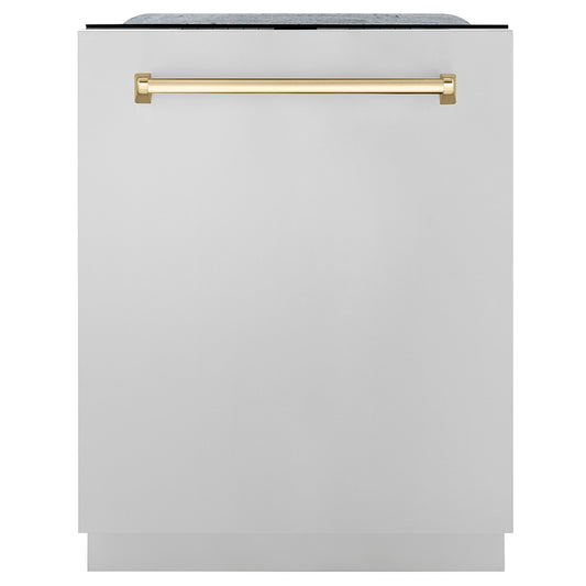 ZLINE Autograph Edition 24 in. Monument Series 3rd Rack Dishwasher with Auto Door Open Drying, 44dBa, Stainless Steel Panel with Polished Gold Handle (DWMTZ-304-24-G) main image.