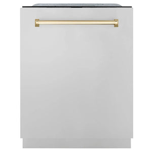 ZLINE Autograph Edition 24 in. Monument Series 3rd Rack Dishwasher with Auto Door Open Drying, 44dBa, Stainless Steel Panel with Polished Gold Handle (DWMTZ-304-24-G) main image.