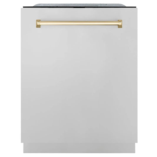 ZLINE Autograph Edition 24 in. Monument Series 3rd Rack Dishwasher with Auto Door Open Drying, 44dBa, Stainless Steel Panel with Polished Gold Handle (DWMTZ-304-24-G) main image.