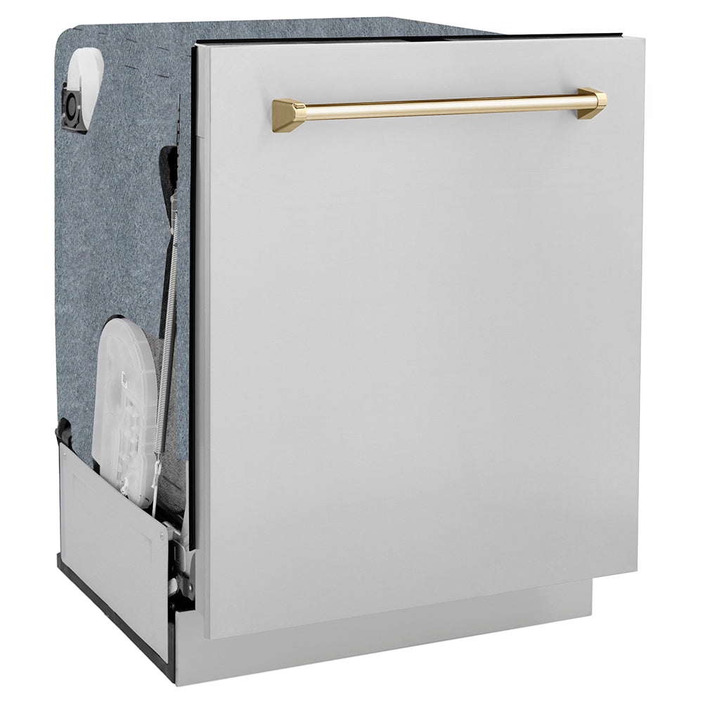 ZLINE Autograph Edition 24 in. Monument Series 3rd Rack Dishwasher with Auto Door Open Drying, 44dBa, Stainless Steel Panel with Polished Gold Handle (DWMTZ-304-24-G) side, closed.
