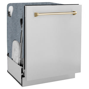 ZLINE Autograph Edition 24 in. Monument Series 3rd Rack Dishwasher with Auto Door Open Drying, 44dBa, Stainless Steel Panel with Polished Gold Handle (DWMTZ-304-24-G) side, closed.