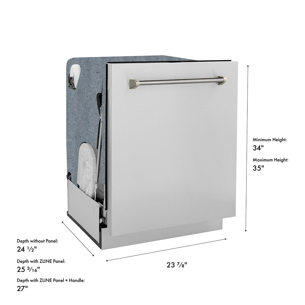 ZLINE Autograph Edition 24 in. Monument Series 3rd Rack Dishwasher with Auto Door Open Drying, 44dBa, Stainless Steel Panel with Polished Nickel Helix Handle (DWMTZ-30424-KPN) dimensional diagram.
