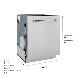 ZLINE Autograph Edition 24 in. Monument Series 3rd Rack Dishwasher with Auto Door Open Drying, 44dBa, Stainless Steel Panel with Polished Nickel Helix Handle (DWMTZ-30424-KPN) dimensional diagram.