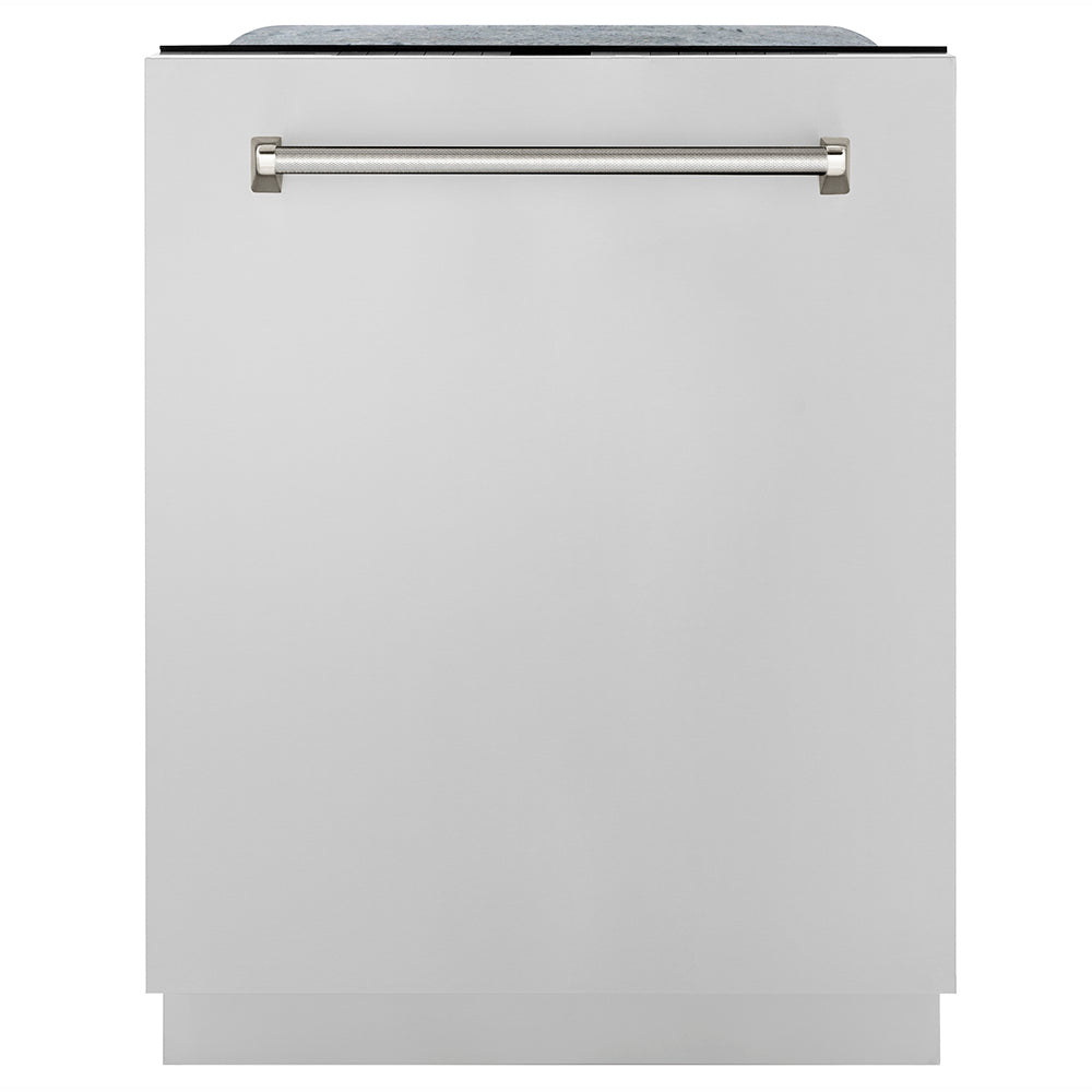 ZLINE Autograph Edition 24 in. Monument Series 3rd Rack Dishwasher with Auto Door Open Drying, 44dBa, Stainless Steel Panel with Polished Nickel Helix Handle (DWMTZ-30424-KPN) front, closed.