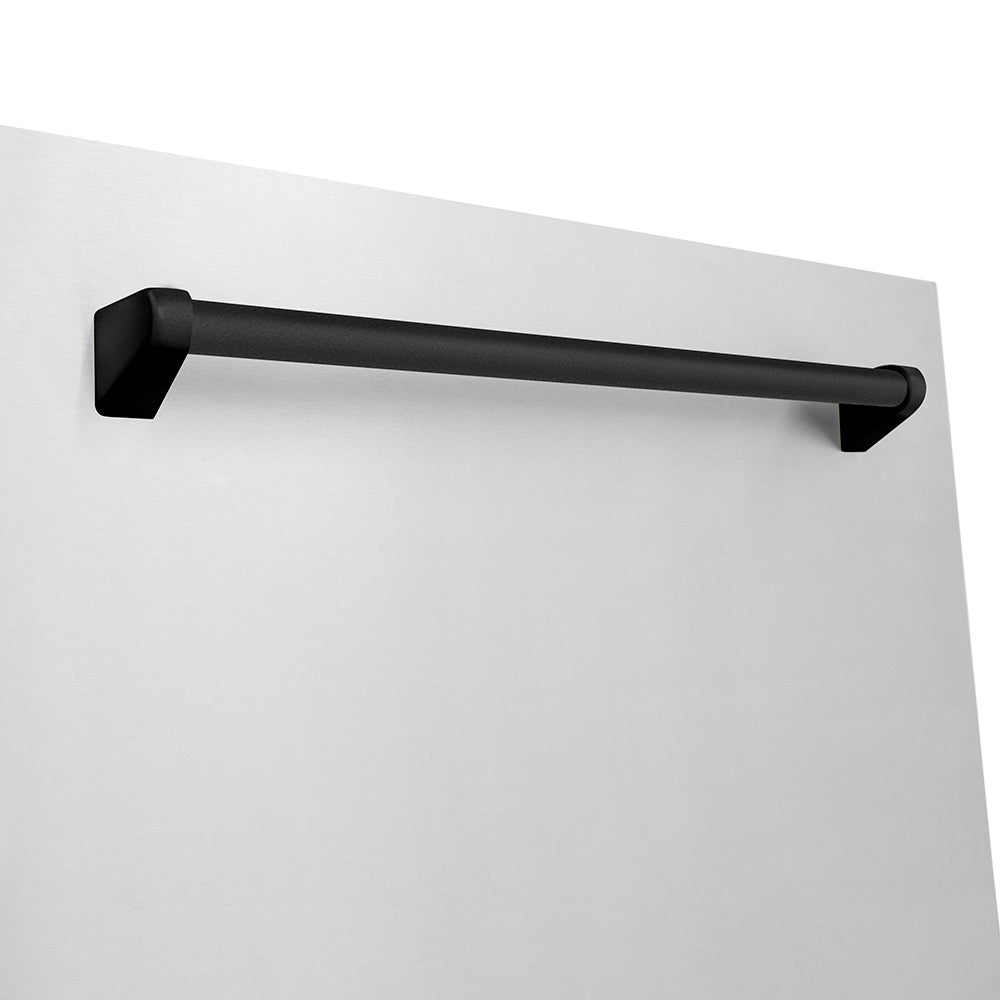 ZLINE Autograph Edition 24 in. Monument Series 3rd Rack Dishwasher with Auto Door Open Drying, 44dBa, Stainless Steel Panel with Matte Black Handle (DWMTZ-304-24-MB) close-up, handle location.