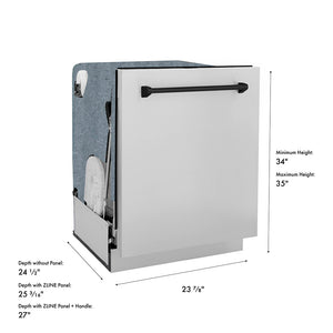 ZLINE Autograph Edition 24 in. Monument Series 3rd Rack Dishwasher with Auto Door Open Drying, 44dBa, Stainless Steel Panel with Matte Black Handle (DWMTZ-304-24-MB) dimensional diagram.
