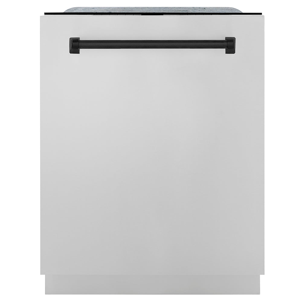 ZLINE Autograph Edition 24 in. Monument Series 3rd Rack Dishwasher with Auto Door Open Drying, 44dBa, Stainless Steel Panel with Matte Black Handle (DWMTZ-304-24-MB) front, closed.