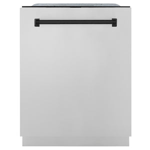 ZLINE Autograph Edition 24 in. Monument Series 3rd Rack Dishwasher with Auto Door Open Drying, 44dBa, Stainless Steel Panel with Matte Black Handle (DWMTZ-304-24-MB) front, closed.