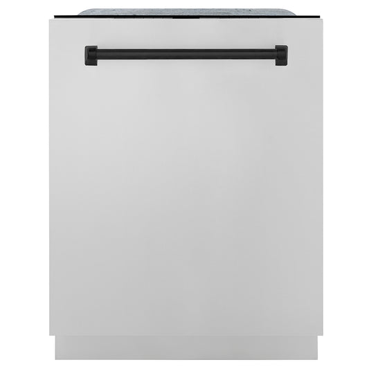 ZLINE Autograph Edition 24 in. Monument Series 3rd Rack Dishwasher with Auto Door Open Drying, 44dBa, Stainless Steel Panel with Matte Black Handle (DWMTZ-304-24-MB) front, closed.