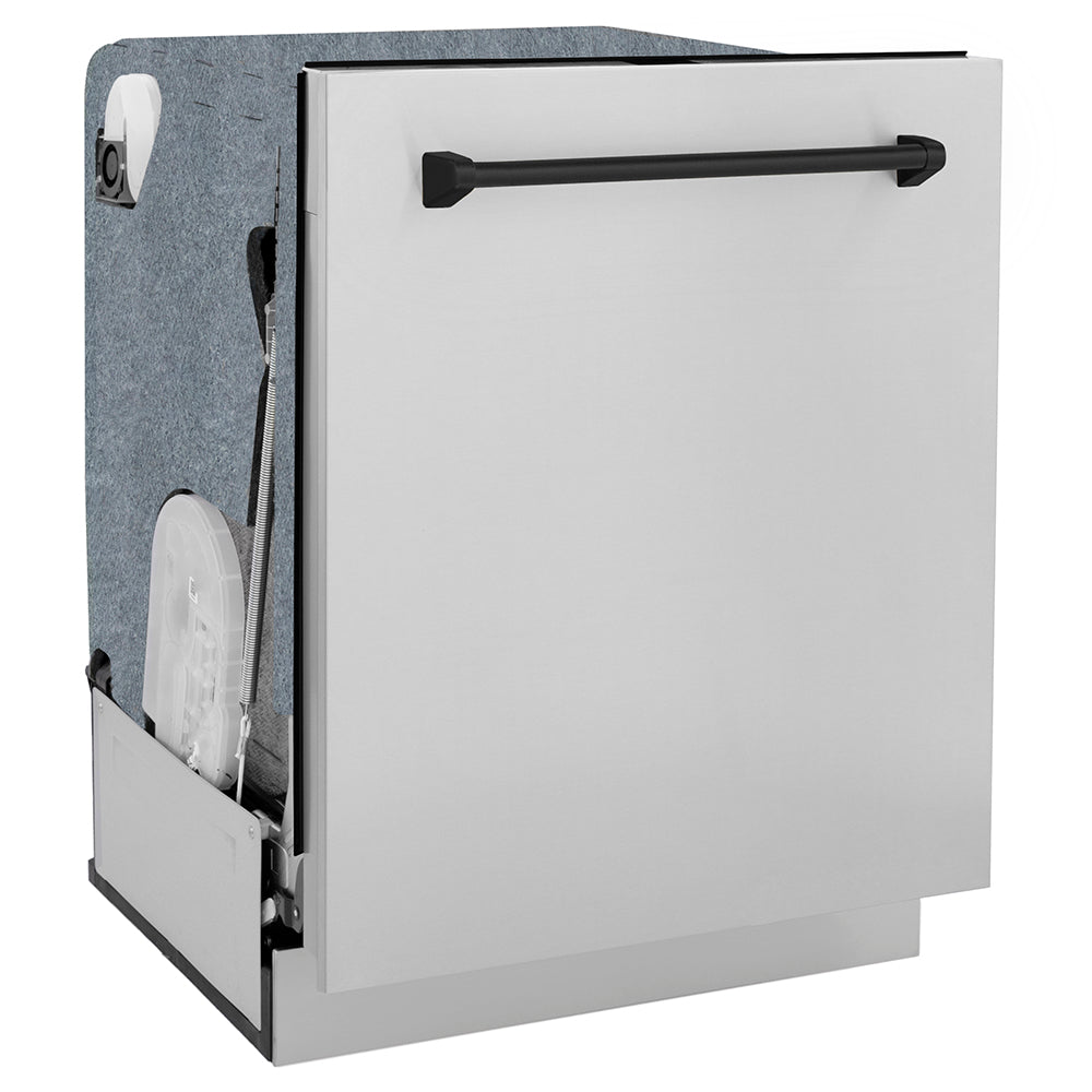 ZLINE Autograph Edition 24 in. Monument Series 3rd Rack Dishwasher with Auto Door Open Drying, 44dBa, Stainless Steel Panel with Matte Black Handle (DWMTZ-304-24-MB) side, closed.