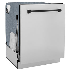 ZLINE Autograph Edition 24 in. Monument Series 3rd Rack Dishwasher with Auto Door Open Drying, 44dBa, Stainless Steel Panel with Matte Black Handle (DWMTZ-304-24-MB) side, closed.