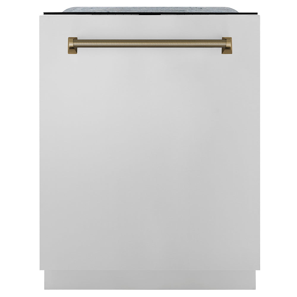 ZLINE Autograph Edition 24 in. Monument Series 3rd Rack Dishwasher with Auto Door Open Drying, 44dBa, Stainless Steel Panel with Champagne Bronze Helix Handle (DWMTZ-30424-KCB) front, closed.