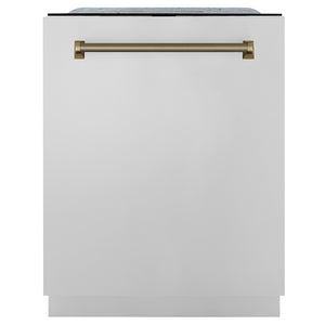 ZLINE Autograph Edition 24 in. Monument Series 3rd Rack Dishwasher with Auto Door Open Drying, 44dBa, Stainless Steel Panel with Champagne Bronze Helix Handle (DWMTZ-30424-KCB) front, closed.