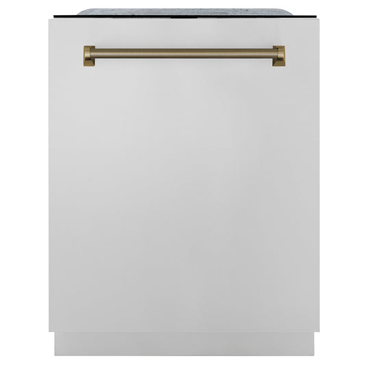 ZLINE Autograph Edition 24 in. Monument Series 3rd Rack Dishwasher with Auto Door Open Drying, 44dBa, Stainless Steel Panel with Champagne Bronze Helix Handle (DWMTZ-30424-KCB) front, closed.