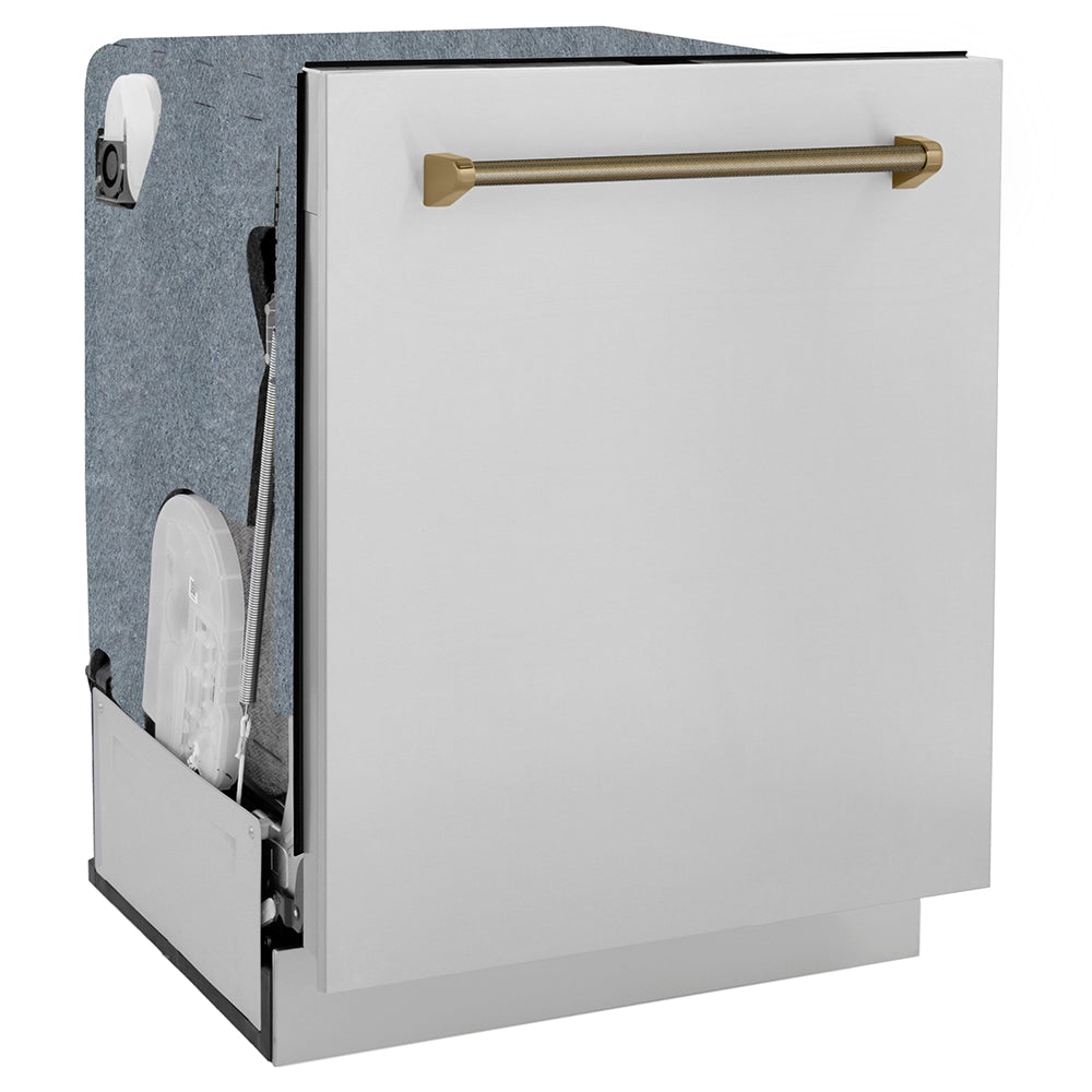 ZLINE Autograph Edition 24 in. Monument Series 3rd Rack Dishwasher with Auto Door Open Drying, 44dBa, Stainless Steel Panel with Champagne Bronze Helix Handle (DWMTZ-30424-KCB) side, closed.