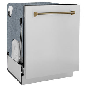 ZLINE Autograph Edition 24 in. Monument Series 3rd Rack Dishwasher with Auto Door Open Drying, 44dBa, Stainless Steel Panel with Champagne Bronze Helix Handle (DWMTZ-30424-KCB) side, closed.