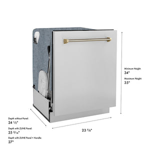 ZLINE Autograph Edition 24 in. Monument Series 3rd Rack Dishwasher with Auto Door Open Drying, 44dBa, Stainless Steel Panel with Polished Gold Handle (DWMTZ-304-24-G) dimensional diagram.