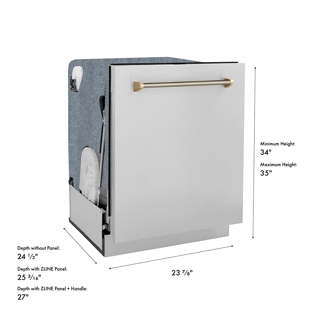 ZLINE Autograph Edition 24 in. Monument Series 3rd Rack Dishwasher with Auto Door Open Drying, 44dBa, Stainless Steel Panel with Polished Gold Helix Handle (DWMTZ-30424-KG) dimensional diagram.