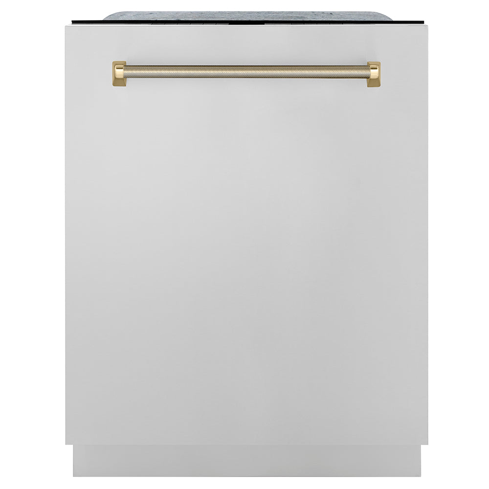 ZLINE Autograph Edition 24 in. Monument Series 3rd Rack Dishwasher with Auto Door Open Drying, 44dBa, Stainless Steel Panel with Polished Gold Handle (DWMTZ-304-24-G) front, closed.