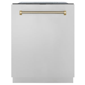 ZLINE Autograph Edition 24 in. Monument Series 3rd Rack Dishwasher with Auto Door Open Drying, 44dBa, Stainless Steel Panel with Polished Gold Helix Handle (DWMTZ-30424-KG) front, closed.