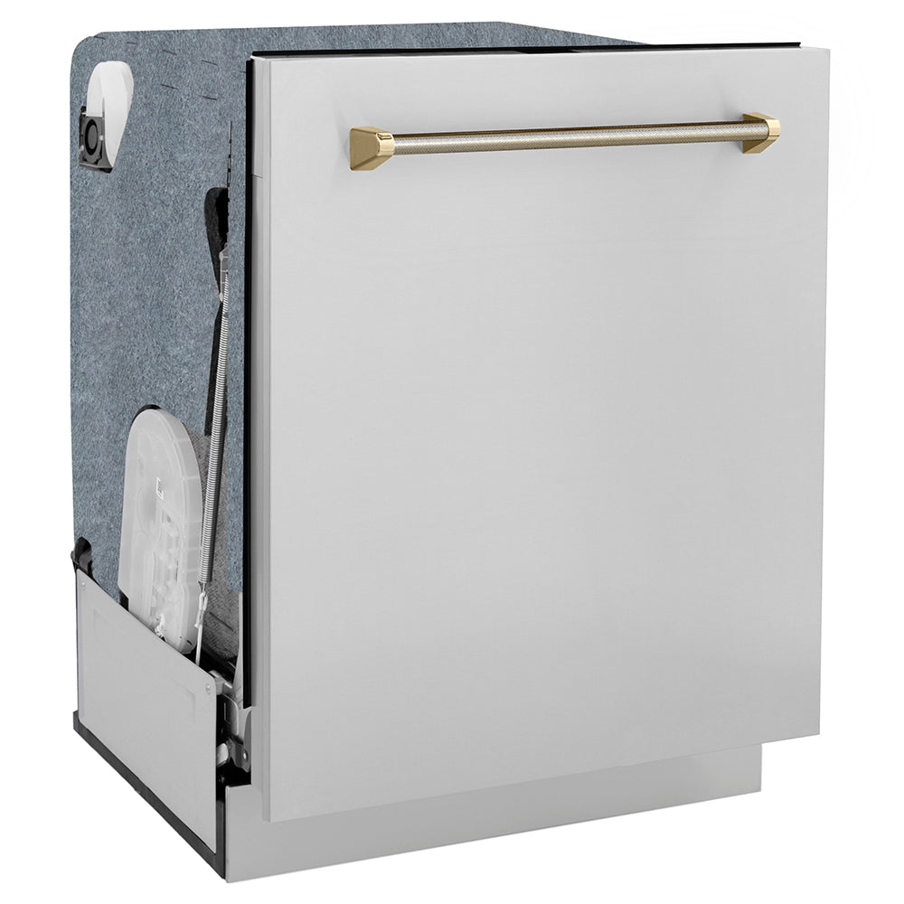 ZLINE Autograph Edition 24 in. Monument Series 3rd Rack Dishwasher with Auto Door Open Drying, 44dBa, Stainless Steel Panel with Polished Gold Handle (DWMTZ-304-24-G) side, closed.