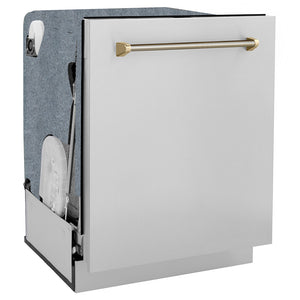 ZLINE Autograph Edition 24 in. Monument Series 3rd Rack Dishwasher with Auto Door Open Drying, 44dBa, Stainless Steel Panel with Polished Gold Helix Handle (DWMTZ-30424-KG) side, closed.