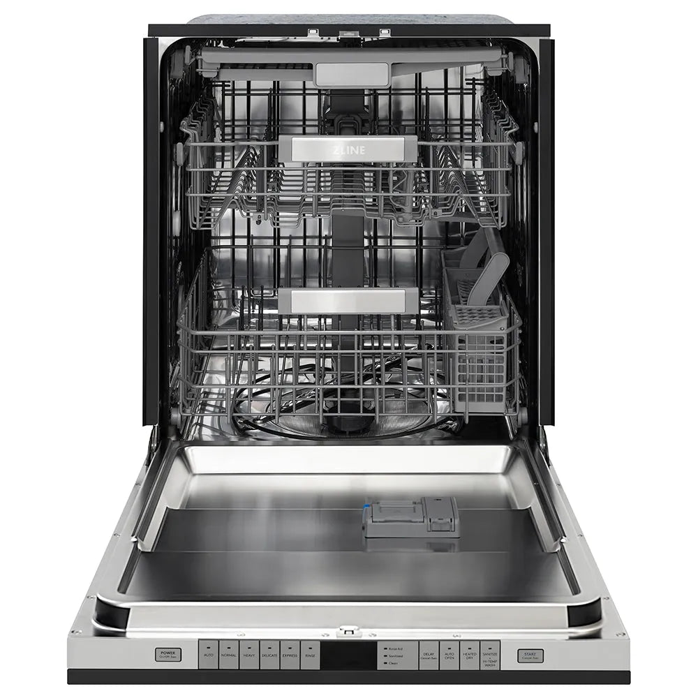 ZLINE Autograph Edition 24 in. Monument Series 3rd Rack Dishwasher with Auto Door Open Drying, 44dBa, Black Matte Panel with Champagne Bronze Handle (DWMTZ-BLM-24-CB) front, open.